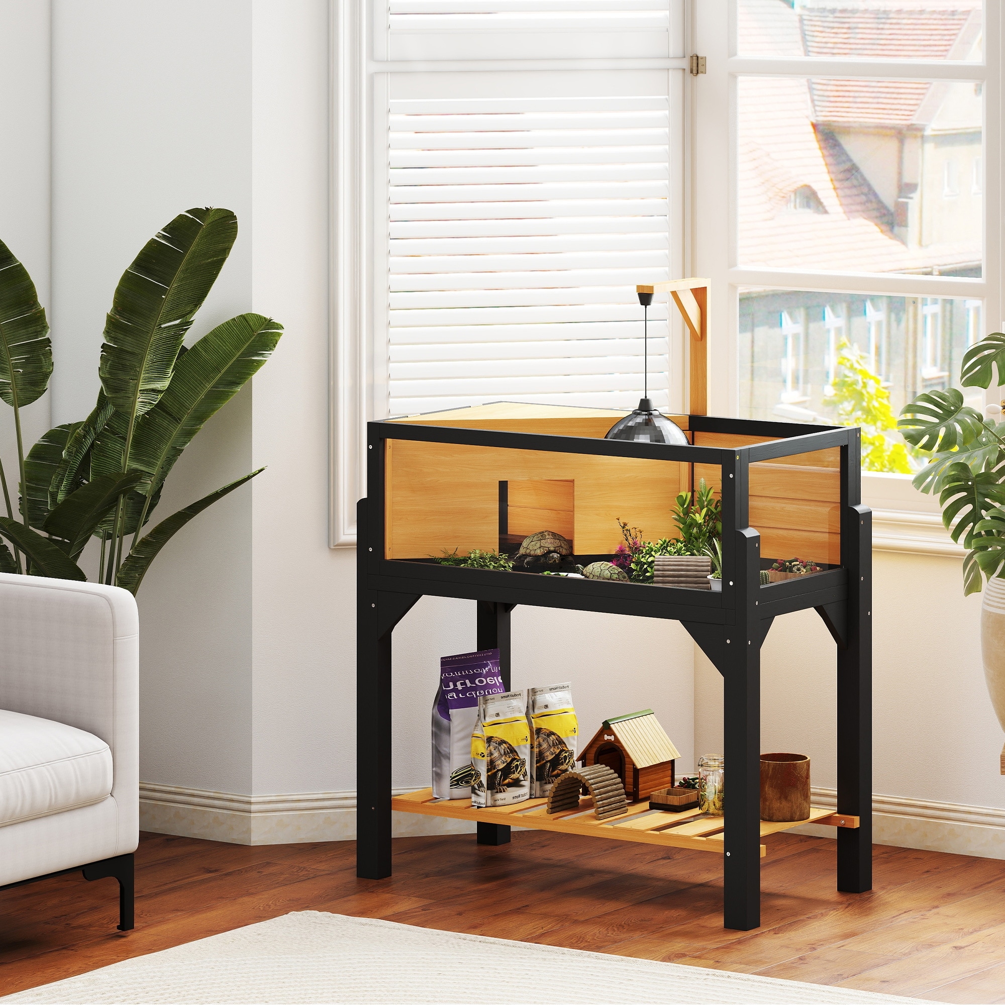 PawHut Tortoise Habitat with Storage Shelf, Wooden Tortoise Enclosure with Clear Windows, Lamp Holder, Openable Top