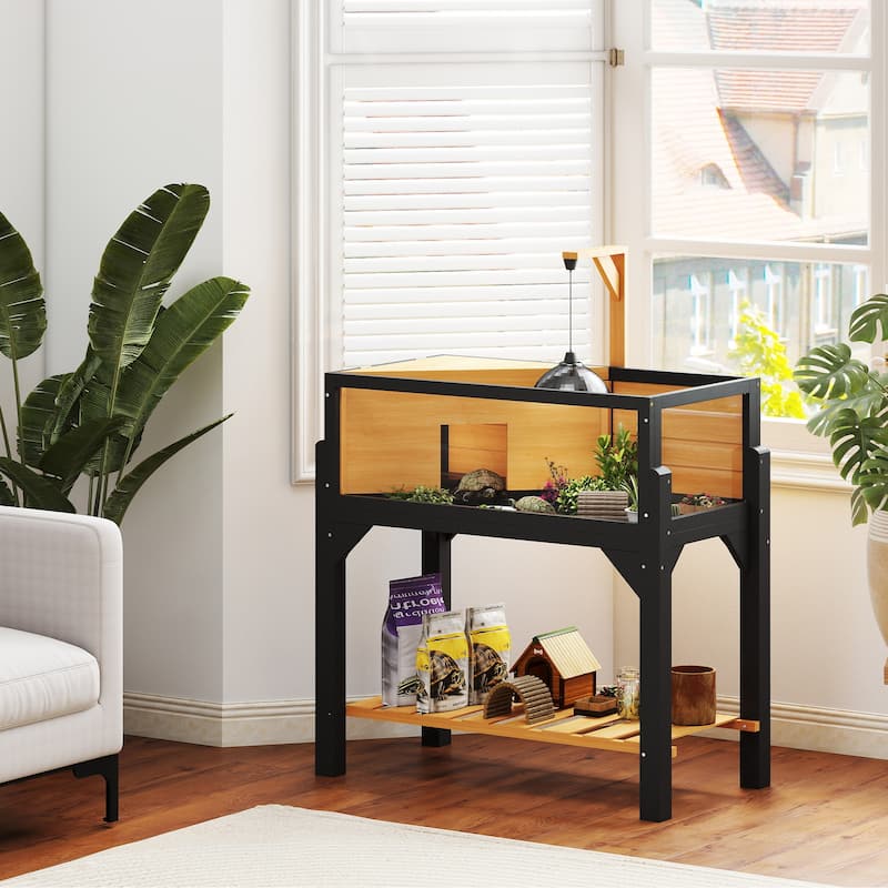 PawHut Tortoise Habitat with Storage Shelf, Wooden Tortoise Enclosure with Clear Windows, Lamp Holder, Openable Top - Yellow - Rodent