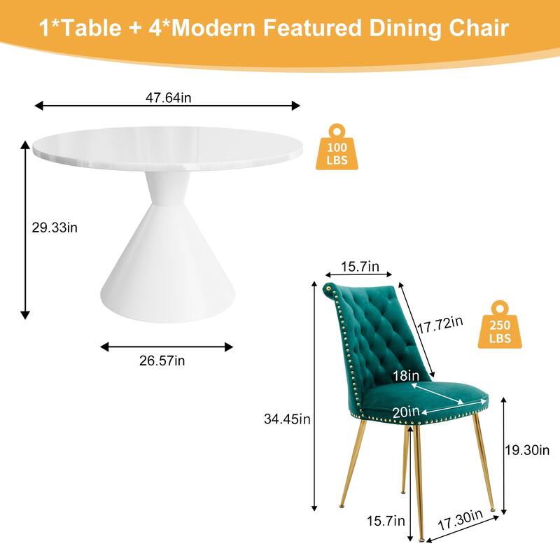 48" Light Luxury White High Gloss Large Countertop Dining Table with Velvet Dining Chair Set