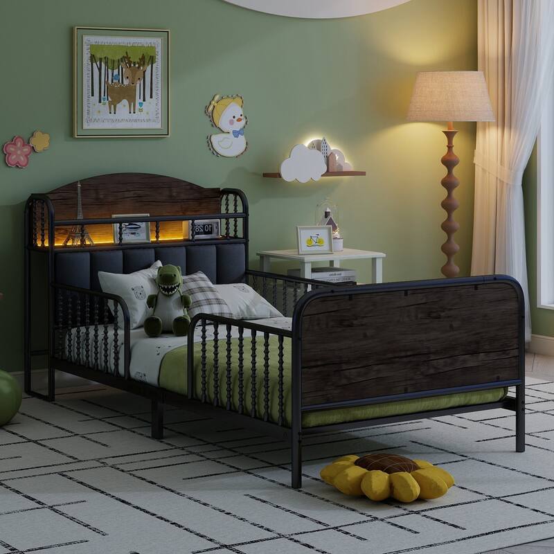 Kids Platform Bed Metal Frame with Linen Fabric Upholstered Storage Headboard Built-in Light Strip, Both Sides Rails - Black - Twin