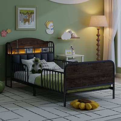 Kids Platform Bed Metal Frame with Linen Fabric Upholstered Storage Headboard Built-in Light Strip, Both Sides Rails