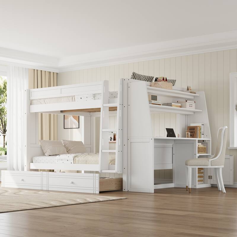 Full Size Multifunctional Bunk Bed Frame with Bookshelves, Desk and Cabinet, Optional with Pull-out Drawers or Trundle Bed - White with Drawers - Full
