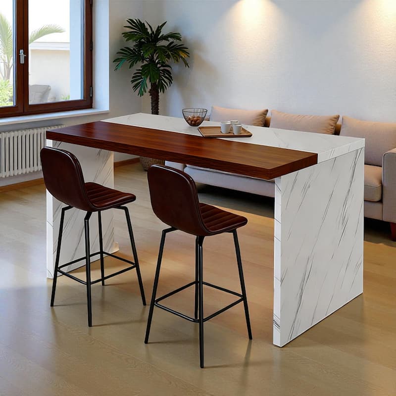 63" Modern Kitchen Island with Marble-Look Countertop, LED Lights, and Grille Design for Dining Room