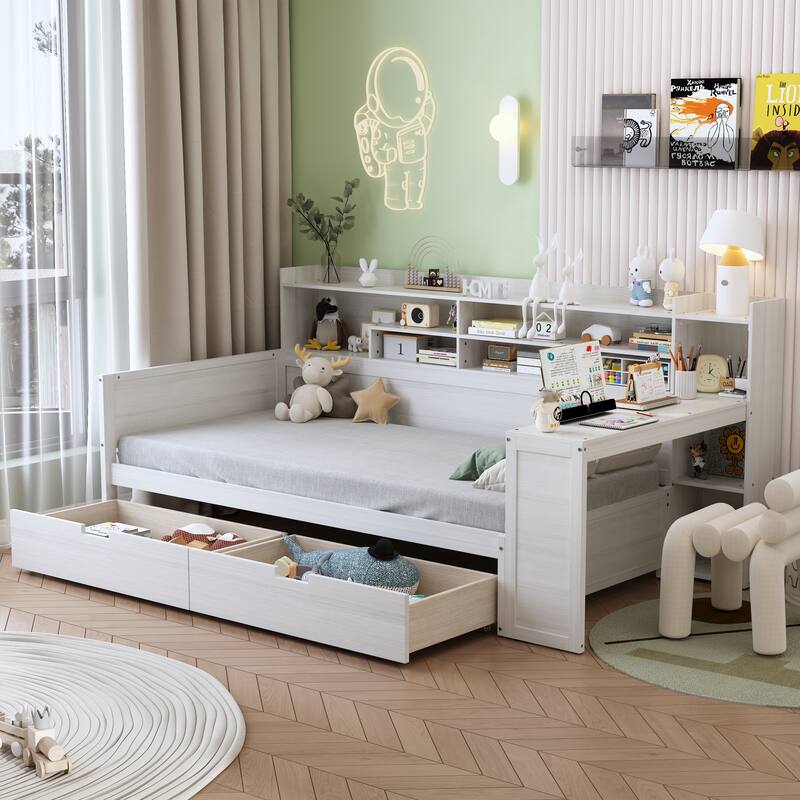 Twin Wooden Daybed with Storage Shelves, Multi-functional Bed with Two Storage Drawers and Study Desk