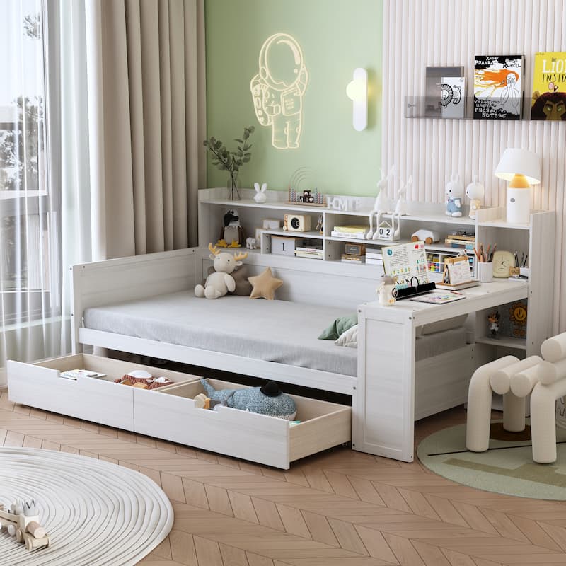 Multi-Layer Storage Headboards Wood Daybed Sofa Bed Frame, Wooden Slat Panel Bed with 2 Storage Drawers or Trundle Bed