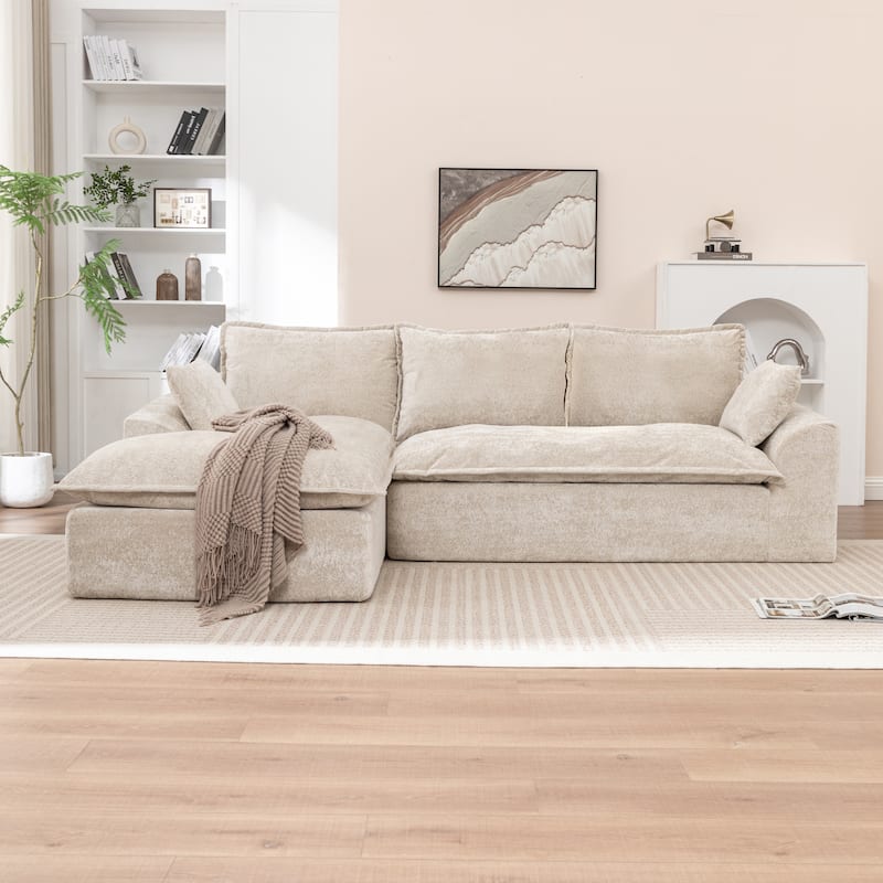 Modular Cloud Sectional Couch with L-Shape Chaise, Chenille Upholstered Boneless Sofa, Compressed Deep Seat Sofa with Pillows - Beige