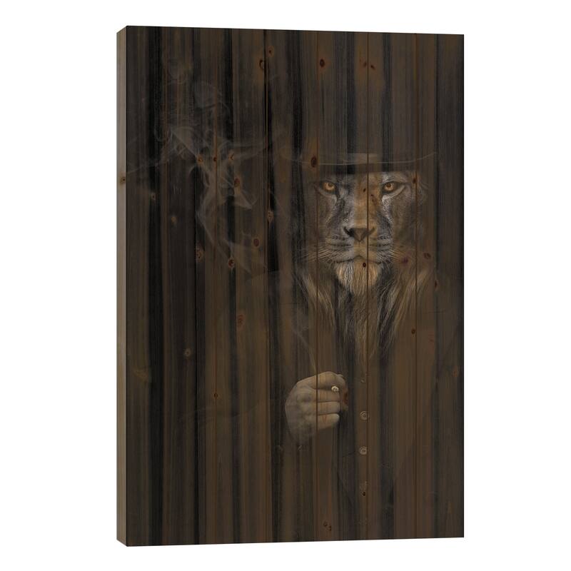 Man In The Form Of A Lion Person Smoking Animal Print On Wood by Adrian Vieriu - Multi-Color - 26x18x1.5