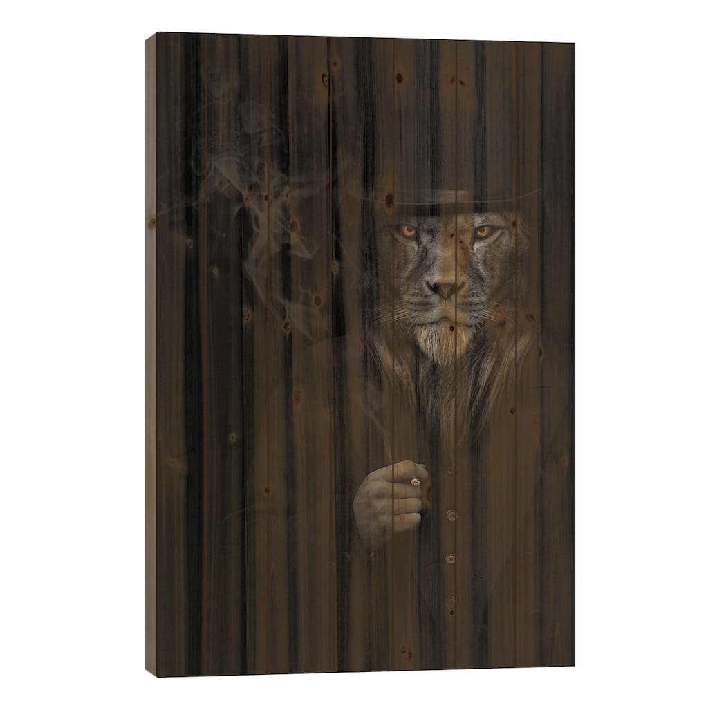 Man In The Form Of A Lion Person Smoking Animal Print On Wood by Adrian Vieriu - Multi-Color