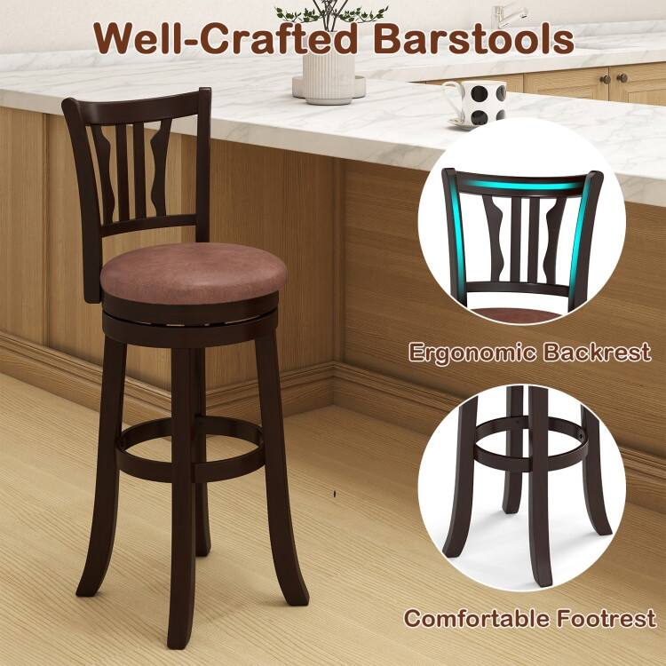 Set of 2 Cappuccino Rubber Wood MDF Faux Leather Swivel Bar Stools with Footrest