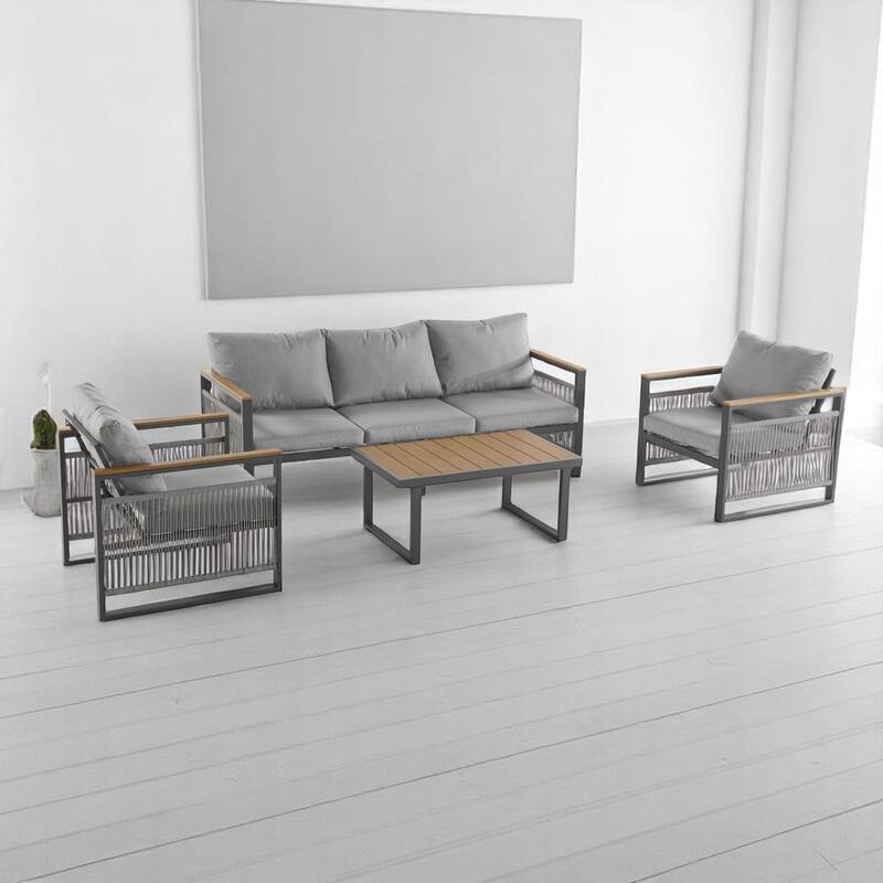 4-Piece Outdoor Patio Furniture Set with Teslin Rope Woven Sofa & Chairs, Coffee Table, Cushions, Outdoor Sectional Sofa Set - Natural+Grey