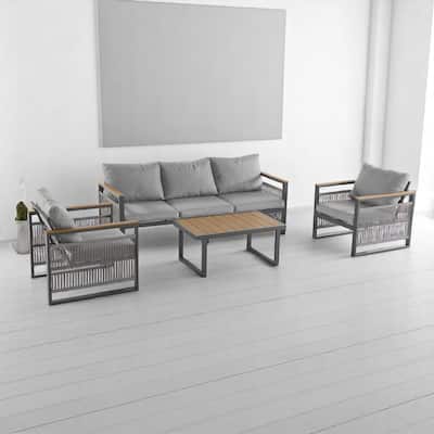 4-Piece Outdoor Patio Furniture Set with Teslin Rope Woven Sofa & Chairs, Coffee Table, Cushions, Outdoor Sectional Sofa Set