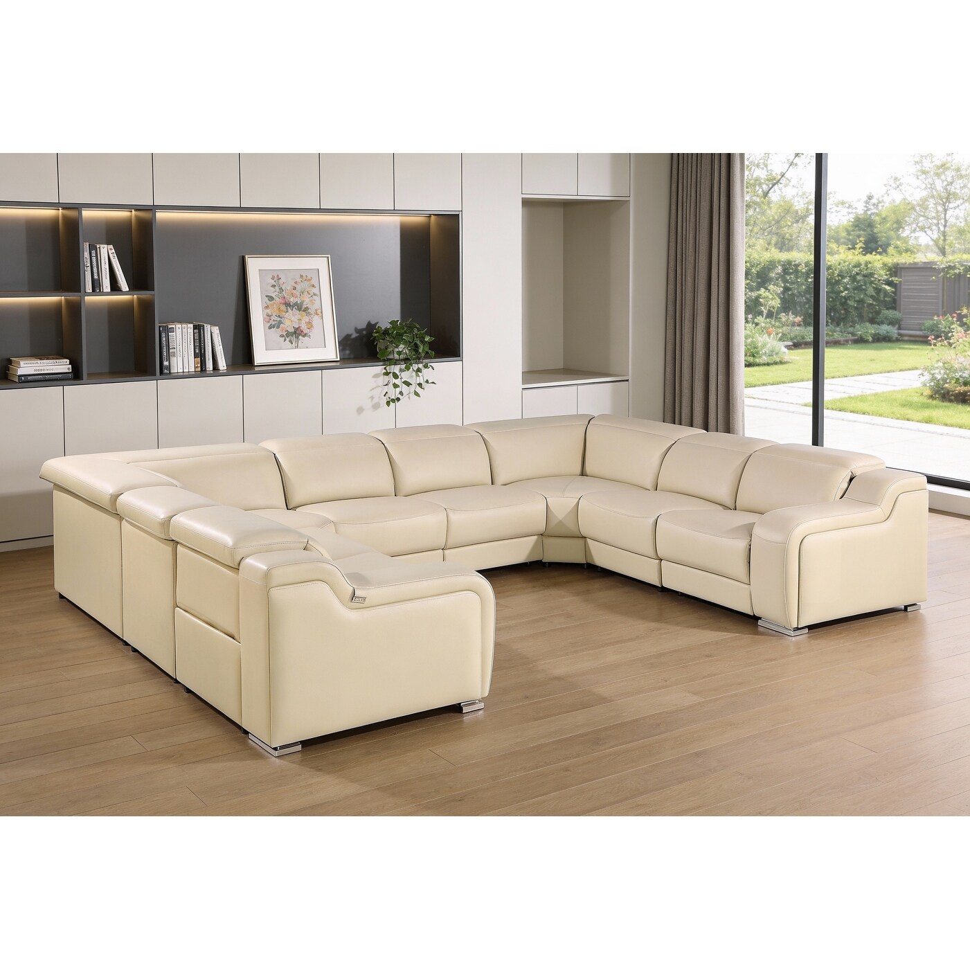 HomeRoots Beige Italian Leather Power Reclining U Shaped Eight Piece Corner Sectional With Console