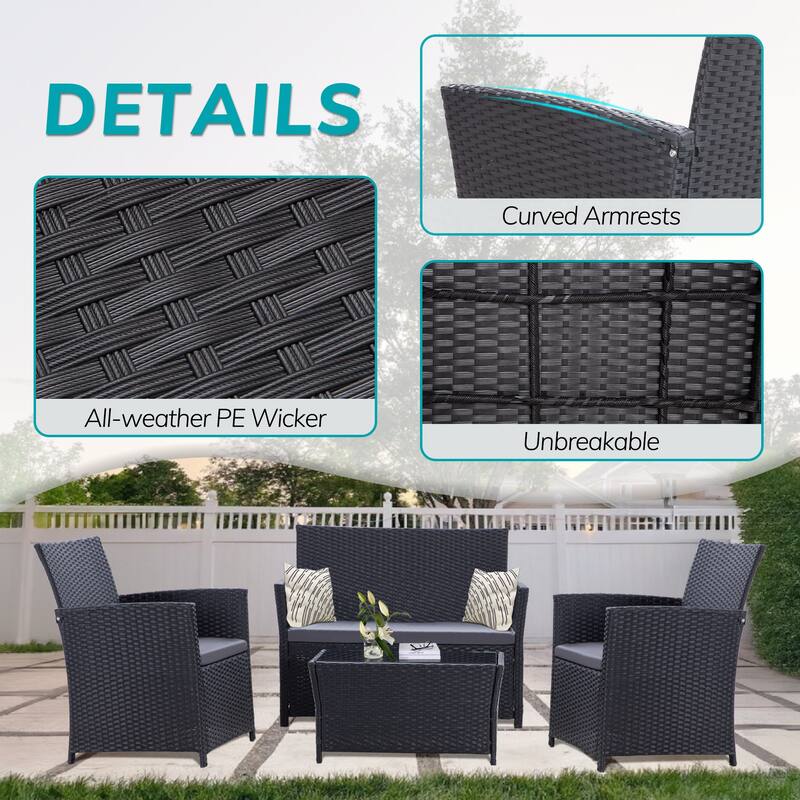 4 Piece Outdoor PE Wicker Furniture Set, Patio Brown Rattan Sectional Sofa Couch with Washable Cushions
