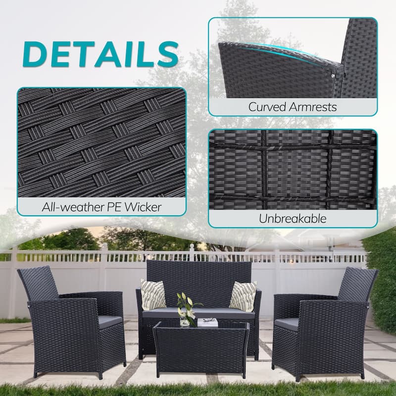 4 Piece Outdoor PE Wicker Furniture Set, Patio Rattan Sectional Sofa Couch with Washable Cushions