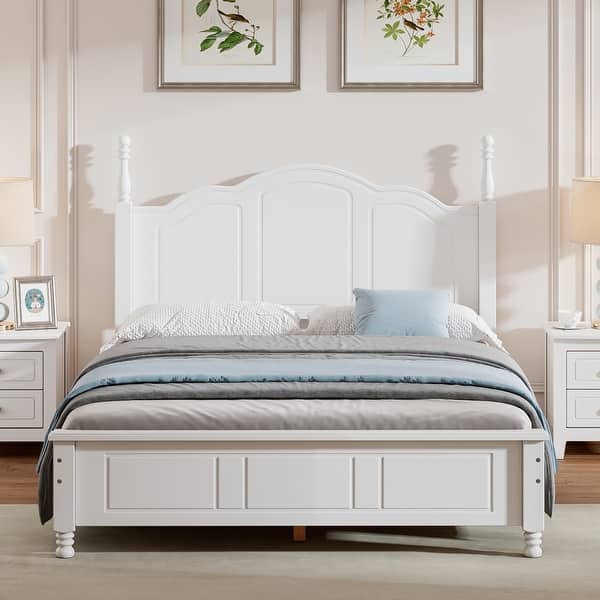slide 2 of 9, Full Size Wood Platform Bed Frame,Retro Style Four Poster Bed White - Full