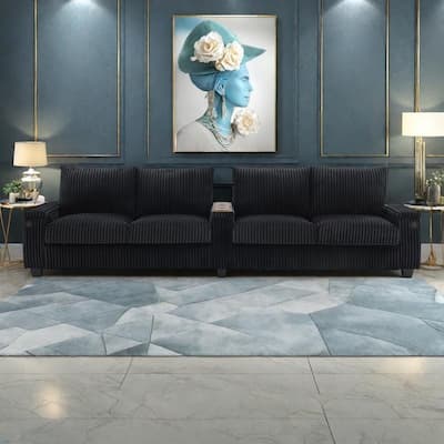 133" Corduroy 4-Seater Sofa with USB Ports, Hidden Storage Arms & Flip-Top Cup Holders