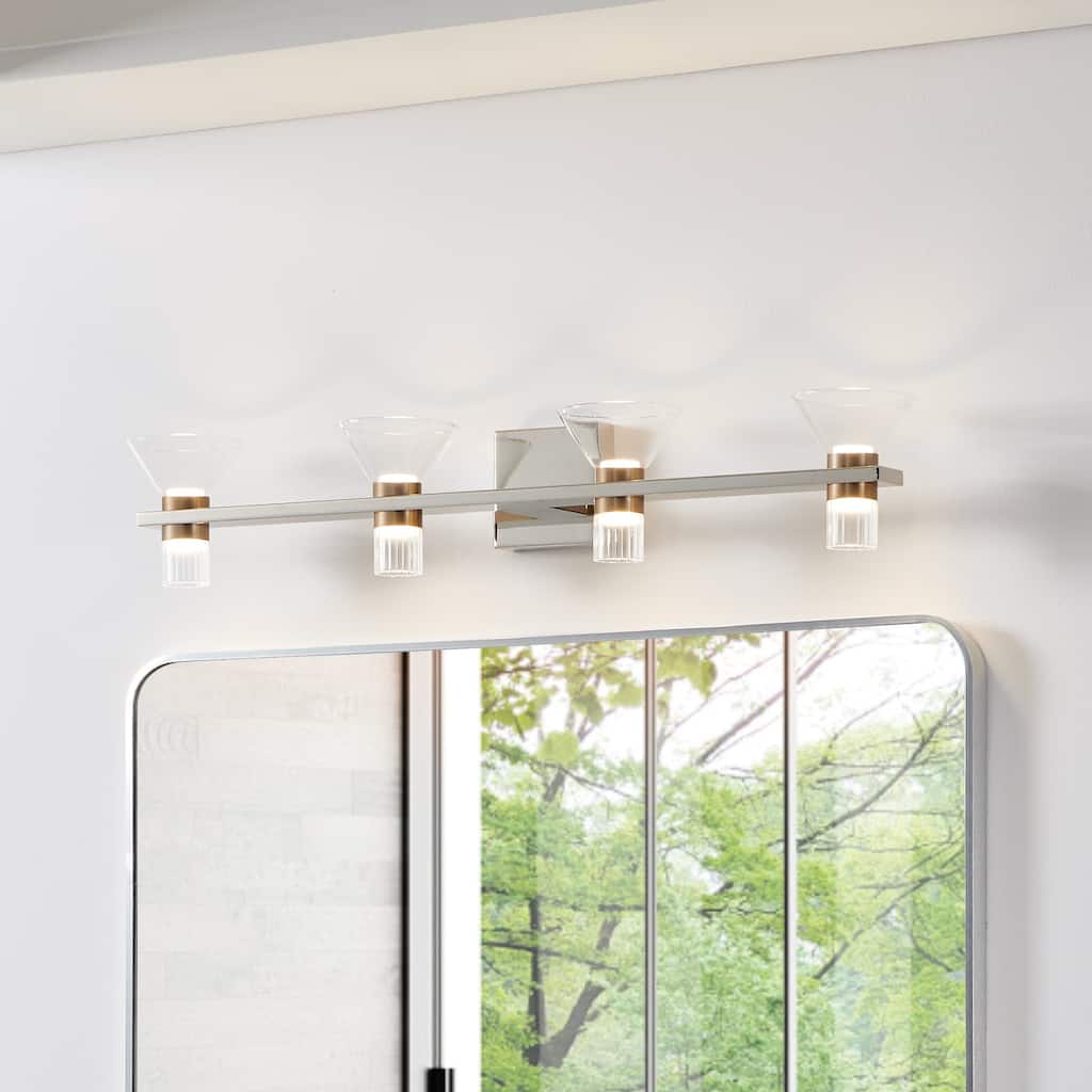 Thesis Blake 35-inch 8-light Polished Nickel and Champagne Gold 5CCT LED Vanity Light with Clear and Clear Ribbed Glass