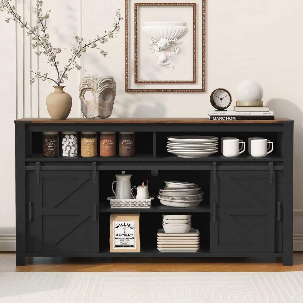 Sideboard with Sliding Barn Door and Mesh Panels,Farmhouse Buffet with Open Storage