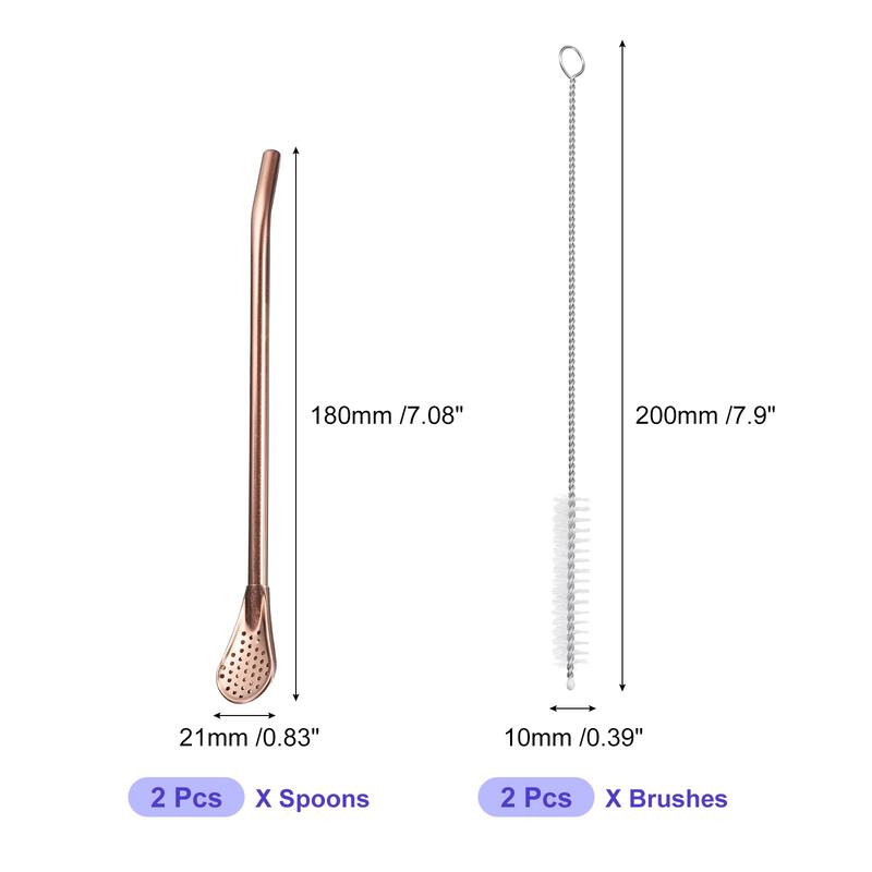 2Pcs 7.1" Stainless Steel Straws Spoons with Filter 2 Cleaning Brushes - Rose Gold