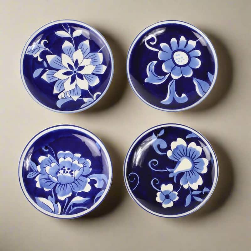 Euro Ceramica Blue Garden 4 Piece 6" Appetizer Plate Set - 6.9 x 6.9 x .9