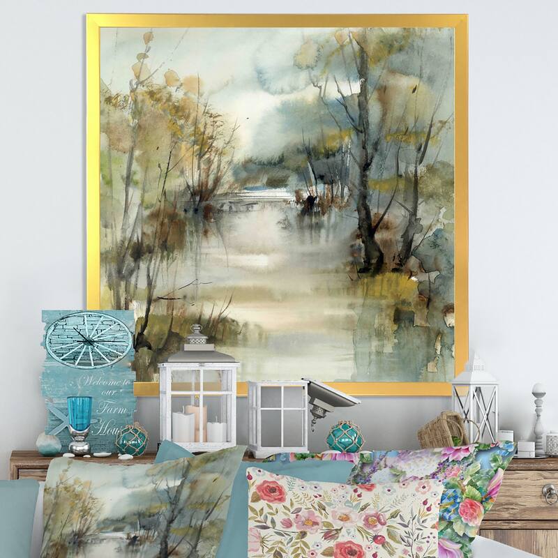 Designart "Winter River Landscape Illustration" Traditional Framed Wall Decor - 36 In. Wide x 36 In. High - Gold