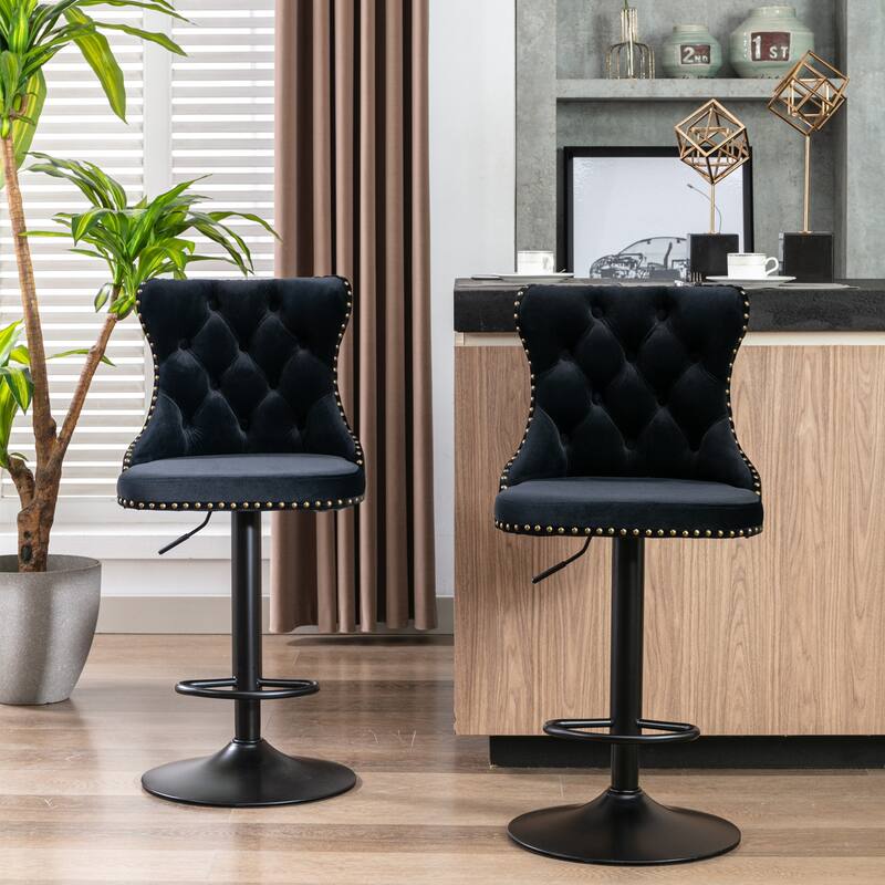 Set of 2 Swivel Velvet Bar Stools with Adjustable Height - Black