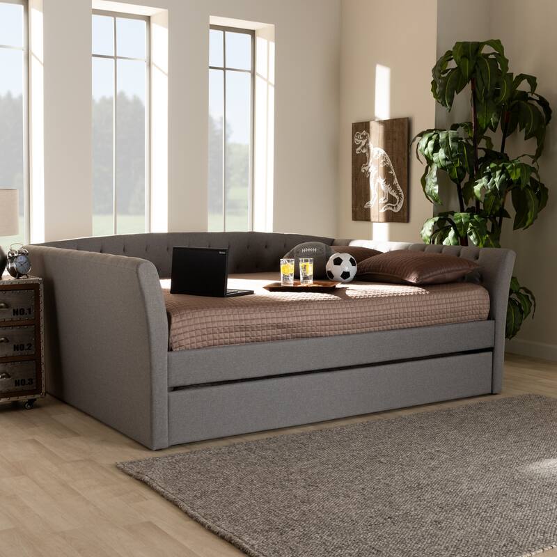 Queen Size Daybed with Trundle - Light Grey Upholstered Farmhouse Modern Bed