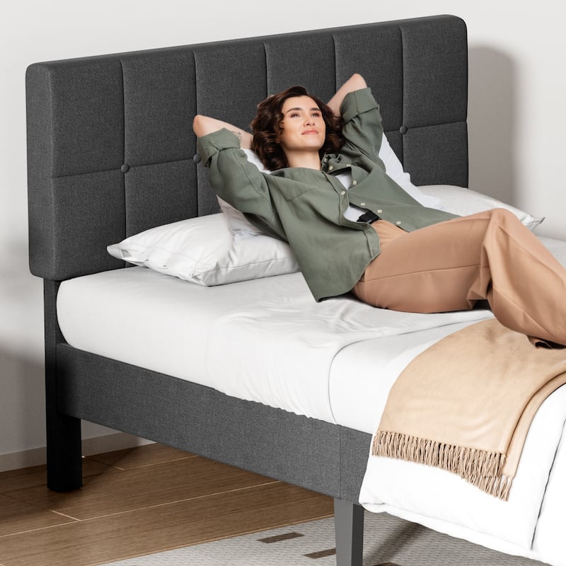Twin Bed Frame, Upholstered Tufted Linen Platform Bed with Adjustable Height Headboard
