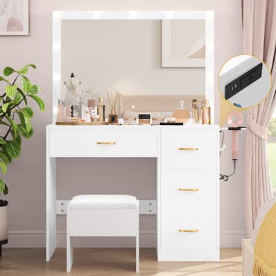 35.4" Mirror Makeup Vanity Table with Stool and Light Bulb - 35.4''L x 15.7''W x 53.5''H