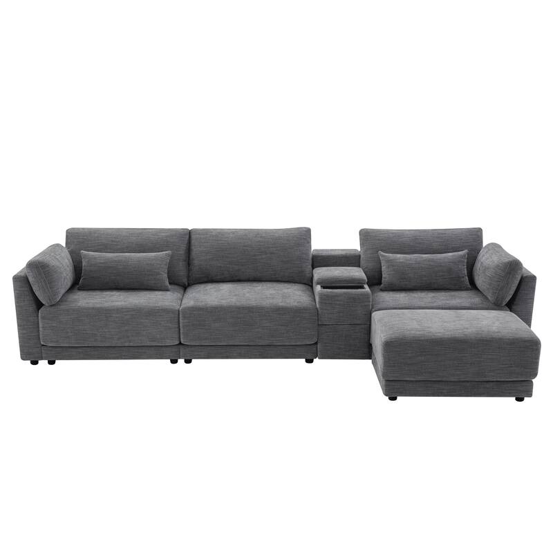 Roomfitters 124'' L-Shaped Sectional Sofa with Storage Console, Charging Station, Modular Couch with Ottoman, Chenille