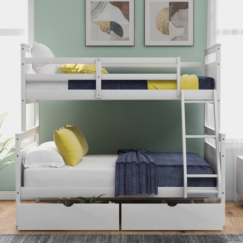 Twin over Full Bunk Bed with Ladder, Two Storage Drawers, Safety