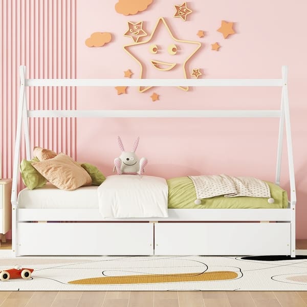 slide 2 of 13, Twin Size Low House Bed with Two Drawers, Modern Wooden Platform Bed Frame with Storage for Kids, Teens, Boys, Girls, White White - Twin