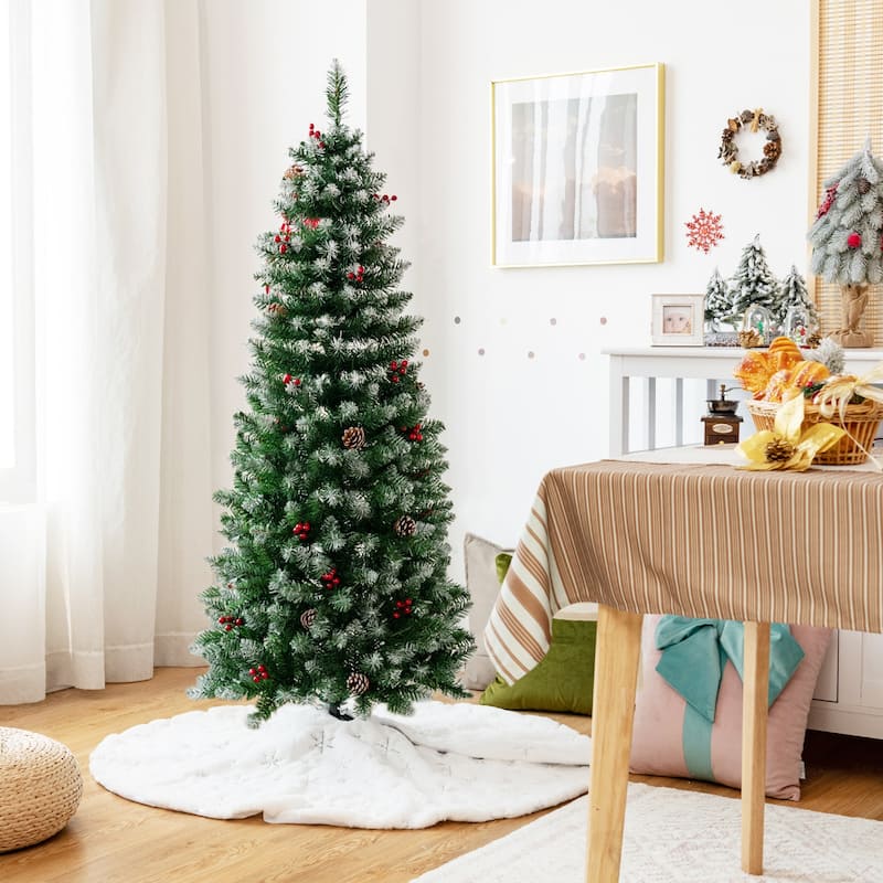 Gymax 5/6/7 FT Pre-lit Hinged Christmas Tree Artificial Pencil Xmas