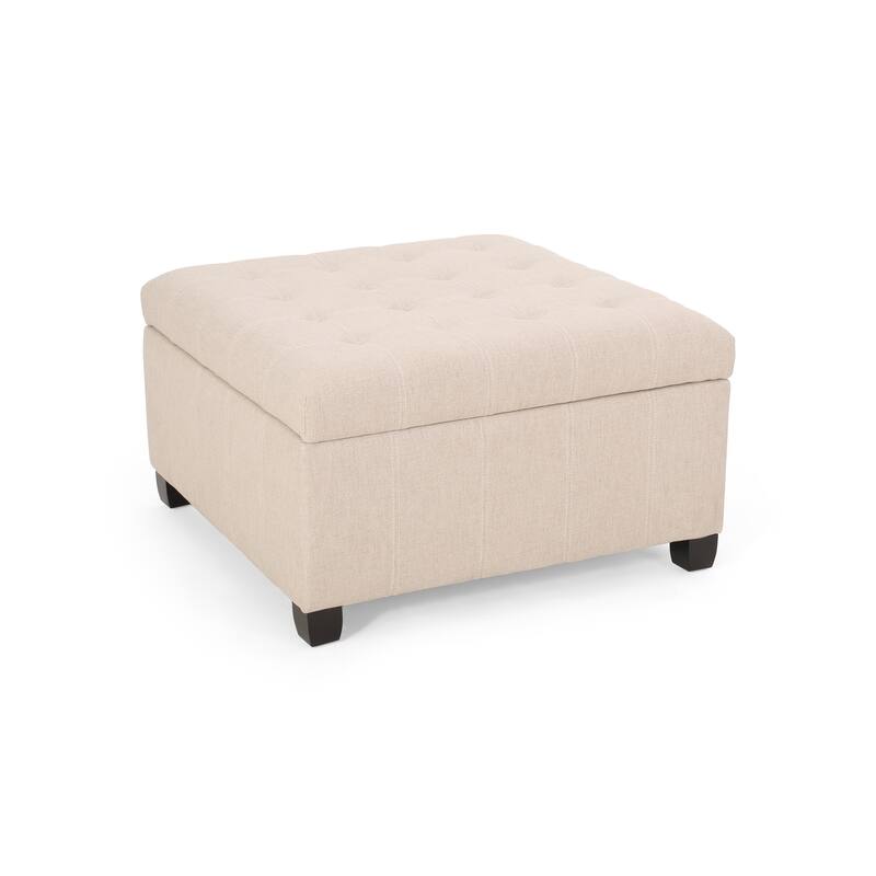 Upholstered Tufted Fabric Storage Ottoman with Birch Wood Legs