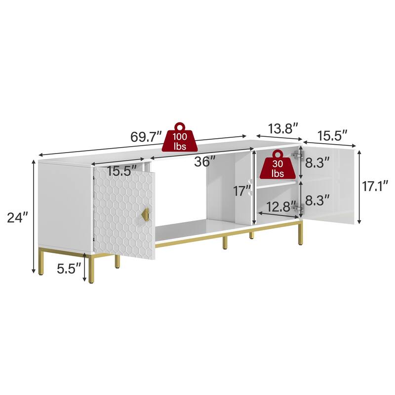 70" Fireplace TV Stand with Gold Legs and Adjustable Storage
