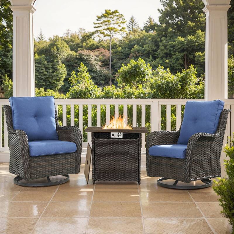Pocassy Fire Pit Table with Sofa Swivel Chairs Set - Brown Wicker Blue Cushion - 3 Pieces Swivel Chair with Fire Table