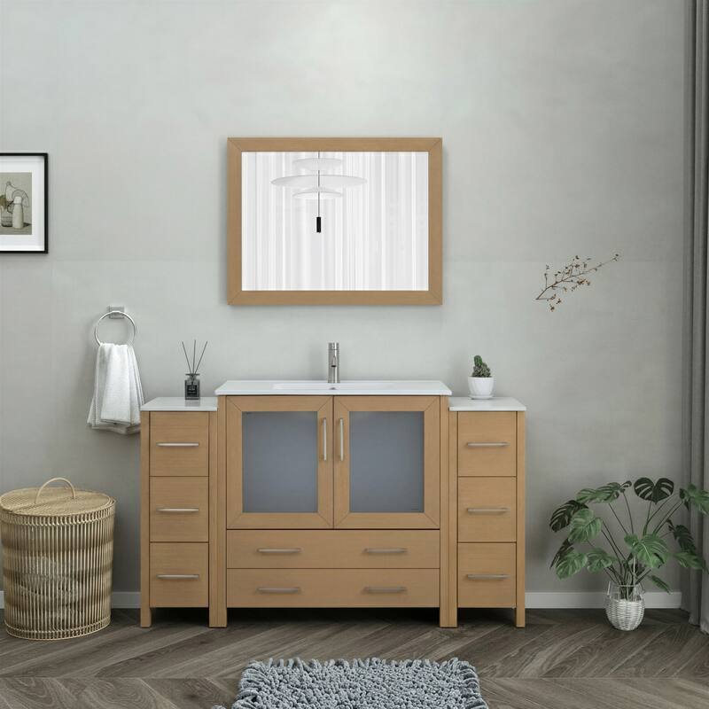Vanity Art 60-Inch Single Sink Bathroom Vanity Set 8 Dove-Tailed Drawers 3 Cabinets 1 Shelf Soft-Closing Doors with Free Mirror - Natural Oak