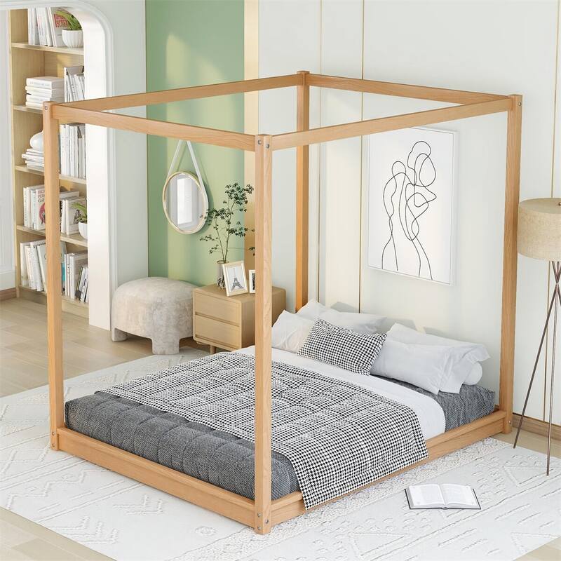 Merax Canopy Platform Bed with Support Legs - Natural - Queen