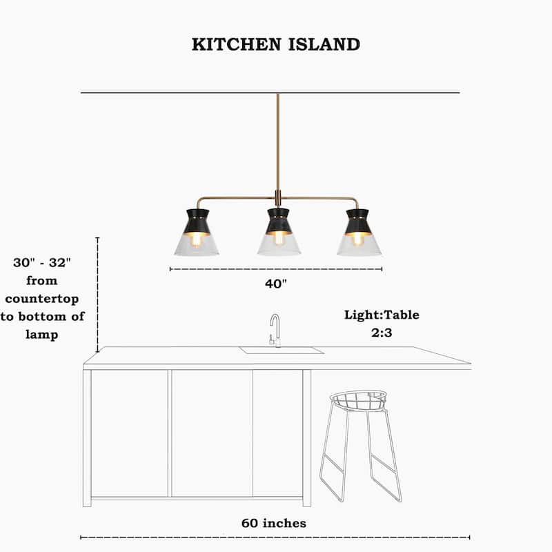Modern 3-Light Black Gold Chandelier Kitchen Island Linear Bowl-Shaped Glass Pendant Lights for Dining Room - 40 x 8.5 x 13.2