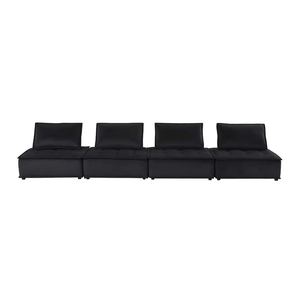 Velvet Upholstered 4-Seater Modular Sofa with Tufted Seat Design in Black