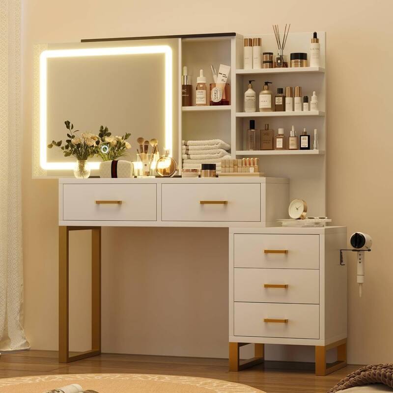 Makeup Vanity Desk with Sliding Mirror and Lights