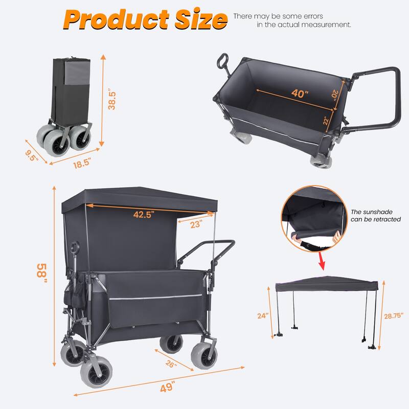 Multi-Functional Push-Pull Folding Wagon Cart with Rotating Handle & Canopy, 9"x4" Beach Tires, 300L Large Capacity