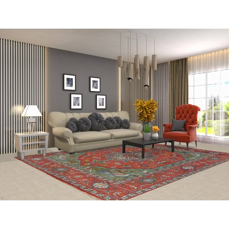 Animals Design Heriz Serapi Indian Area Rug Handmade Wool Carpet - 7'11" x 9'11"