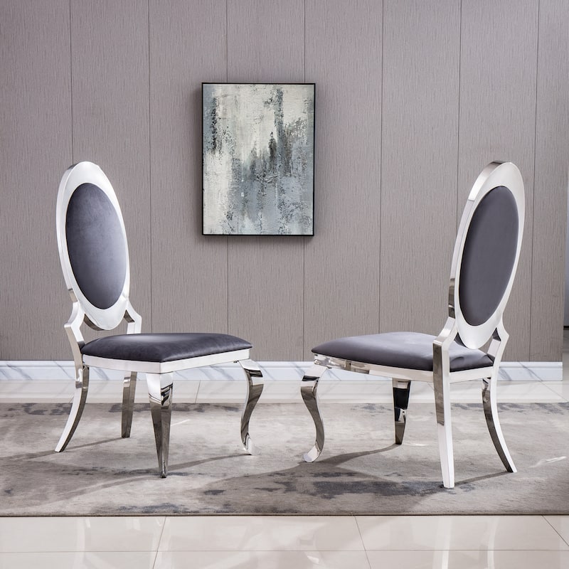Set of 2 Leatherette Dining Chair with Oval Backrest and Steel Legs - Grey+Silver
