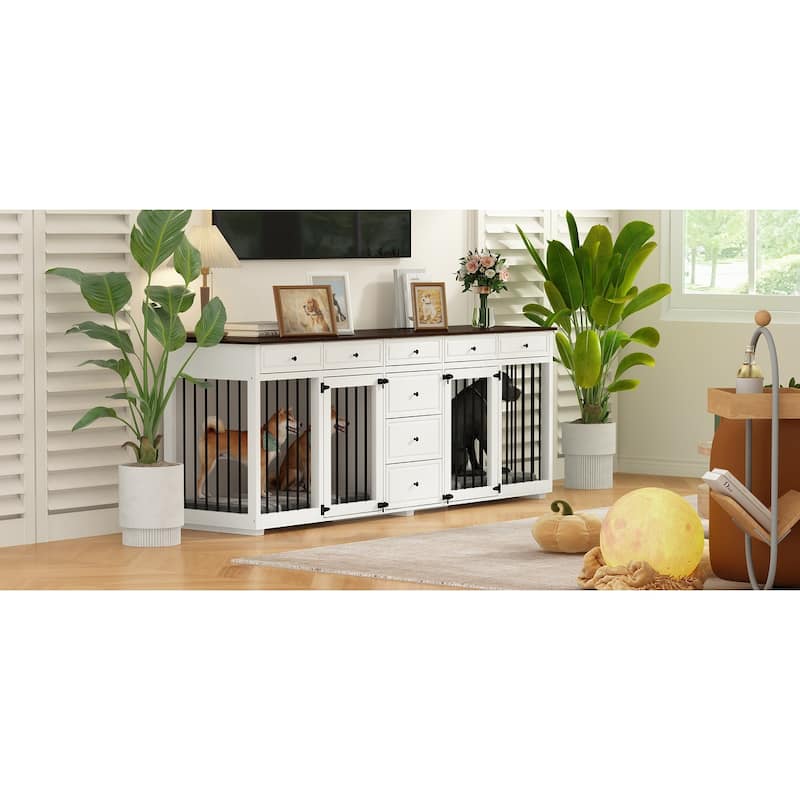 Large Dog Crate Furniture 89" Wooden Double Dog Crate Kennel Furniture - 89"W