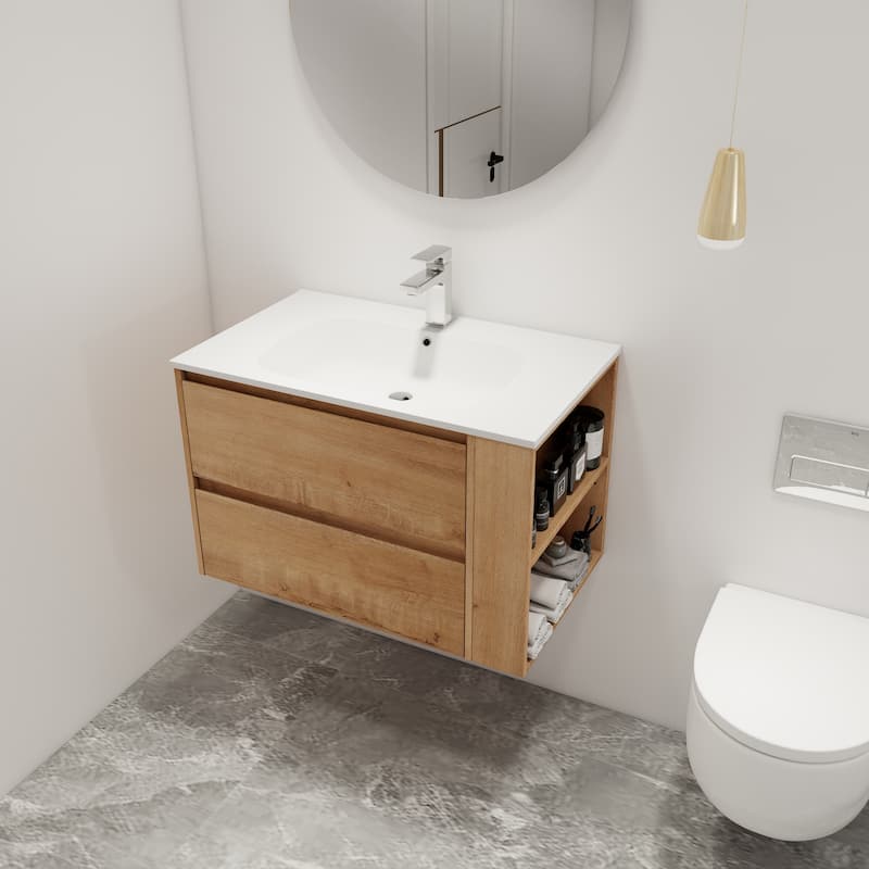 Malwee 30"/36" Floating Bathroom Vanity, Wall Mounted Bathroom Vanity with Sink,Soft Close Drawers and Side Adjustable Shelf
