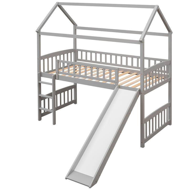 Space-Saving Twin Loft Bed with Slide, Gray - No Box Spring Needed