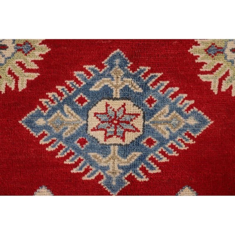 Red Geometric Kazak Oriental Accent Rug Hand-Knotted Wool Carpet - 3'4"x 4'10"