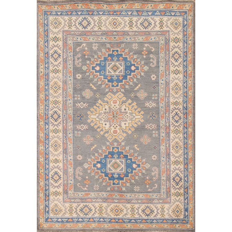Geometric Kazak Oriental Area Rug Hand-Knotted Wool Carpet - 4'1"x 6'0"