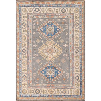 Geometric Kazak Oriental Area Rug Hand-Knotted Wool Carpet - 4'1"x 6'0"
